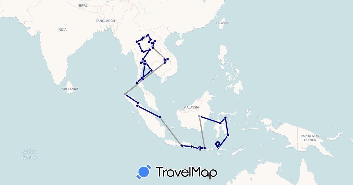 TravelMap itinerary: driving, plane in Indonesia, Laos, Thailand (Asia)